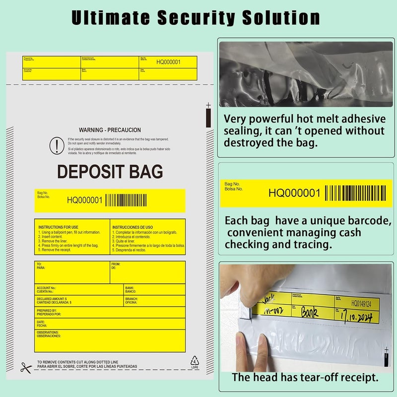 Seadasyoon Plastic Deposit Bags 100 Pack 9''x12'', Opaque Security Bank Deposits,Cash register,Money bag for Cash,Bank Pocket,Tamper-Evident,Unique Barcode - Image 3